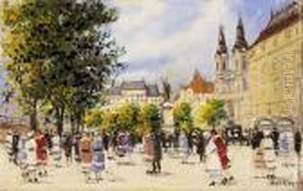 Promenanade In Pest With The Petofi Statue Oil Painting by Antal Berkes