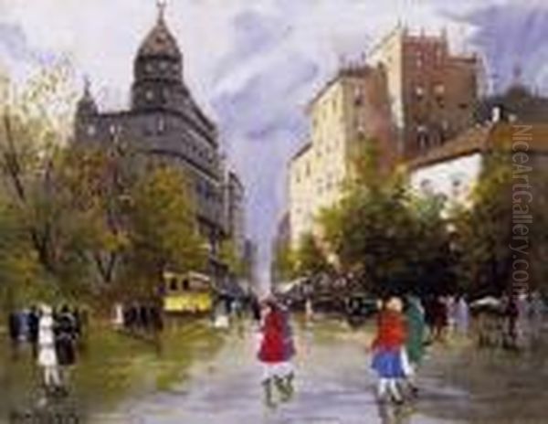 Street Scene With An Omnibus Oil Painting by Antal Berkes