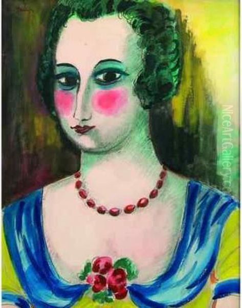 Portrait De Femme Au Collier De Perles Rouges. Oil Painting by Madeleine Berly De Vlaminck