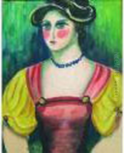 Portrait De Femme Au Chapeau Et Au Collier De Perles Bleues. Oil Painting by Madeleine Berly De Vlaminck