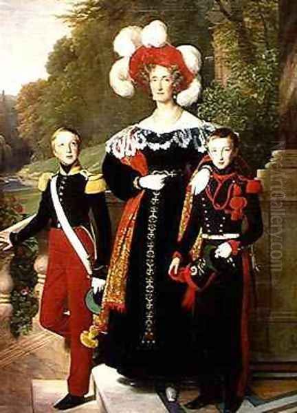 Marie Amelie of Bourbon Sicile 1782-1866 and her sons Henri of Orleans 1822-97 Duke of Aumale and Antoine 1824-90 Duke of Montpensier Oil Painting by Louis Hersent