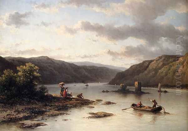 A Rhenish River Landscape With Fishermen In A Boat And Washerwomen On A Bank Oil Painting by Johannes Hilverdink