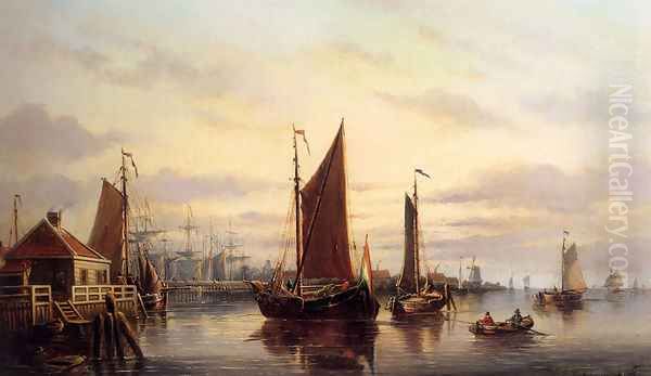 A View Of The IJ, Amsterdam, With Various Shipping Near Het Slagthuys Oil Painting by Johannes Hilverdink