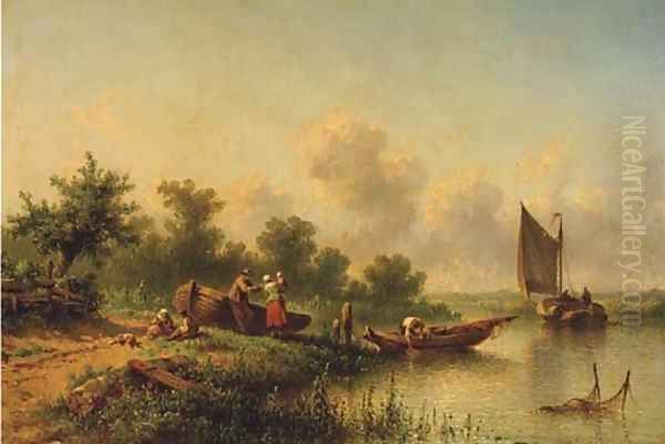 A fisherfamily standing by a river on a sunny day Oil Painting by Johannes Hilverdink