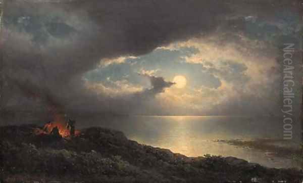 A moonlit coastal landscape with men preparing a fire Oil Painting by Johannes Hilverdink