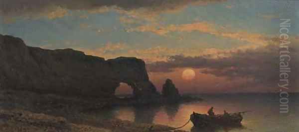 Fishermen at work on a rocky coast at dusk Oil Painting by Johannes Hilverdink