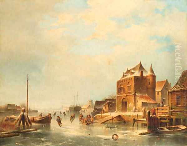 A winter landscape with skaters on a frozen river by a towngate Oil Painting by Johannes Hilverdink