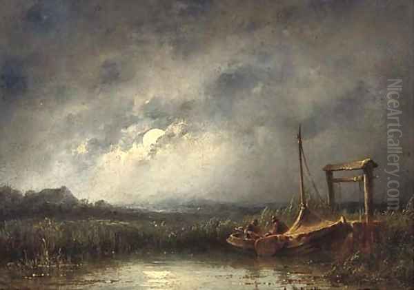 Fishing by moonlight Oil Painting by Johannes Hilverdink