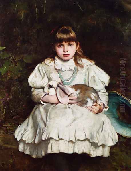 Portrait of a Young Girl Holding a Pet Rabbit Oil Painting by Frank Holl