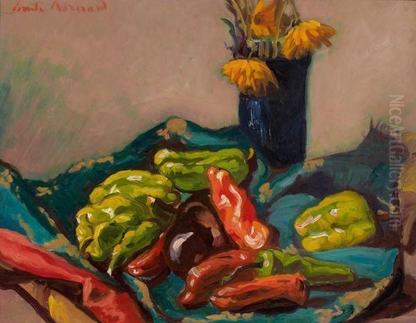 Nature Morte Aux Poivrons Et Vase De Fleurs Oil Painting by Emile Bernard