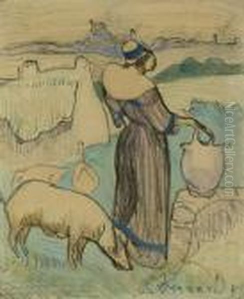 Jeune Bretonne, Une Jarre Dans La Main Oil Painting by Emile Bernard