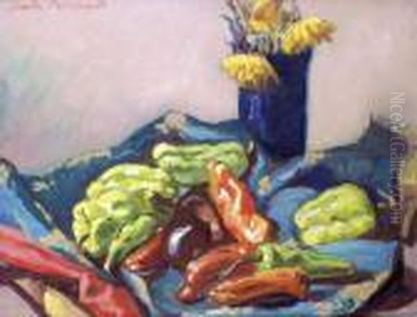 Nature Morte Aux Poivrons Et Au Vase De Fleurs Oil Painting by Emile Bernard