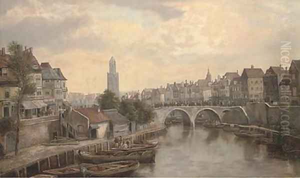 Figures on a bridge in a continental town Oil Painting by William Howard Hart