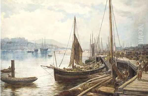 Unloading the catch on the jetty at Whitby Oil Painting by William Howard Hart