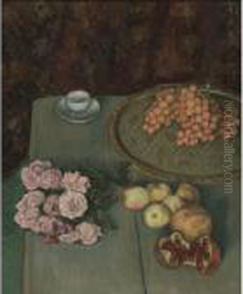 Nature Morte Aux Roses Et Aux Fruits Oil Painting by Emile Bernard