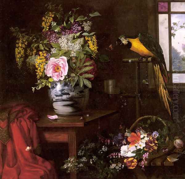 A Still Life With A Vase, Basket And Parrot Oil Painting by Olaf August Hermansen