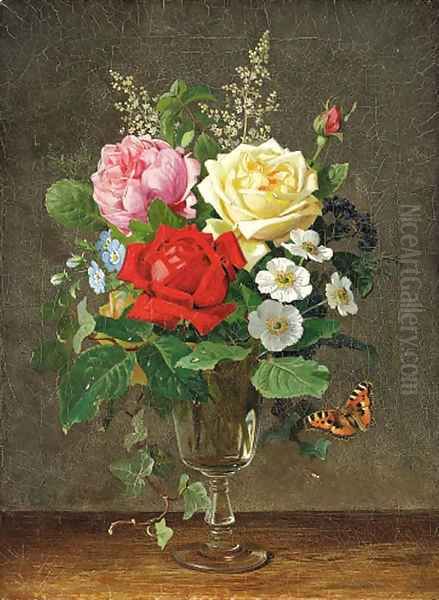 A vase of roses with a butterfly Oil Painting by Olaf August Hermansen