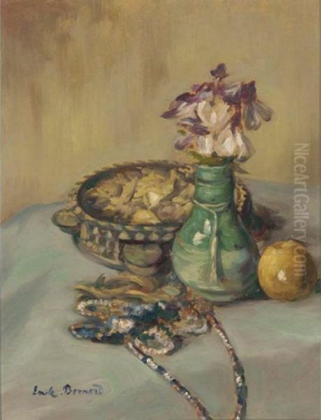 Nature Morte Au Tambourine Et Vase De Fleurs Oil Painting by Emile Bernard