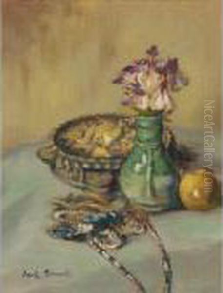 Nature Morte Au Tamborine Et Vase De Fleurs Oil Painting by Emile Bernard