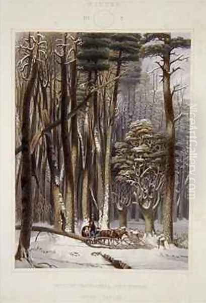 Winter Impeded Travellers in a Pine Forest from Harveys Scenes of the Primitive Forest of America Oil Painting by George Harvey