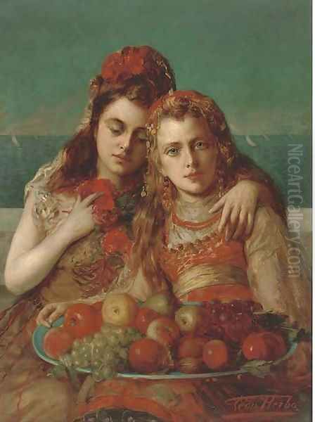 Friends eating fruit by the sea Oil Painting by Leon Herbo