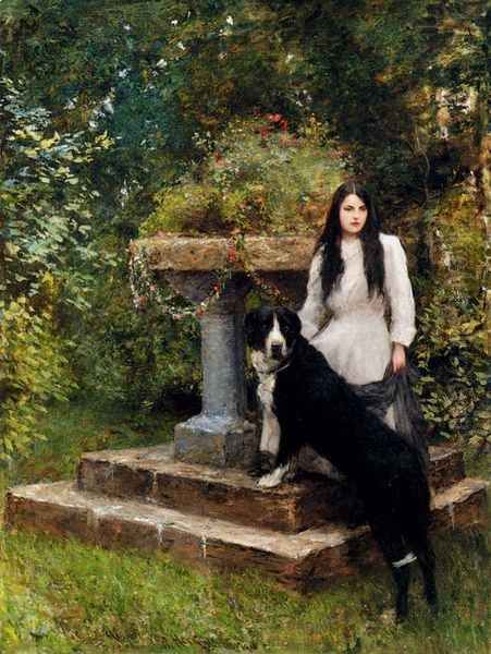 A Young Girl And Her Dog Oil Painting by Sir Hubert von Herkomer