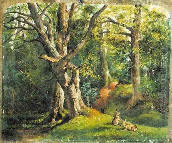 Woodland Scene with Rabbits Oil Painting by Sir Hubert von Herkomer