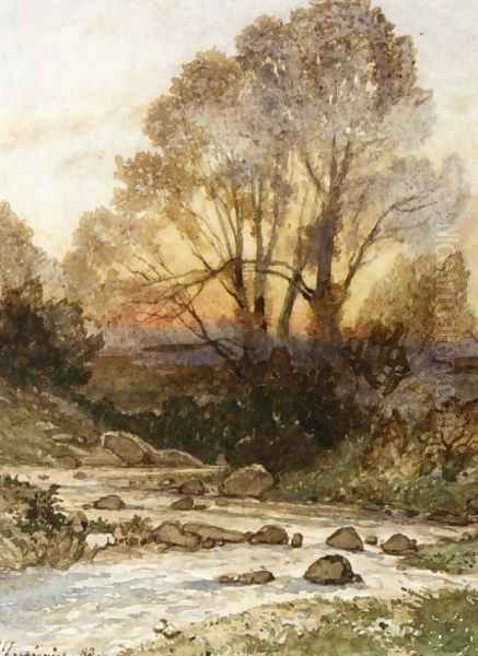 A Rocky Landscape with a Torrent of Water Oil Painting by Henri-Joseph Harpignies