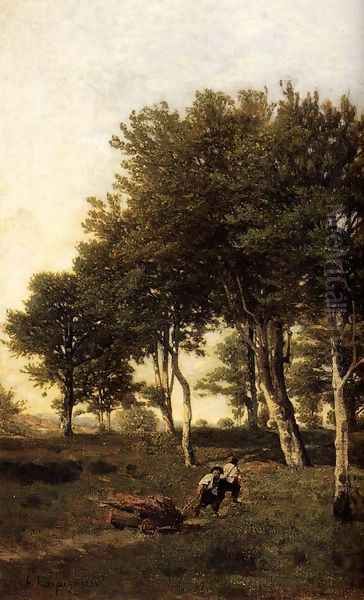 Landscape with Two Boys Carrying Firewood Oil Painting by Henri-Joseph Harpignies