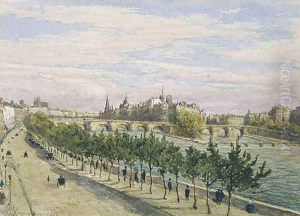 La Seine et l'Ile de la cité vue du quai du Louvre Oil Painting by Henri-Joseph Harpignies