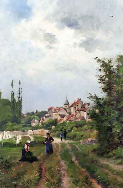 Washer Women_On A Sandy Track With A Village Beyond Oil Painting by Henri-Joseph Harpignies