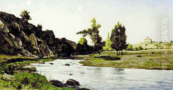 Les bords de l'Aumance, près d'Hérisson, l'église de Chateloy au fond Oil Painting by Henri-Joseph Harpignies