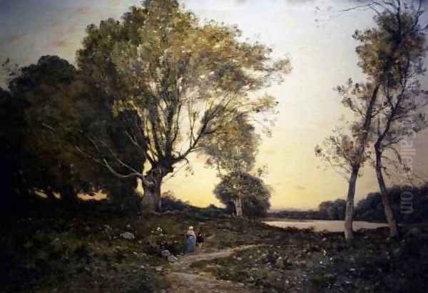 Two Figures Along the Forest Path Oil Painting by Henri-Joseph Harpignies