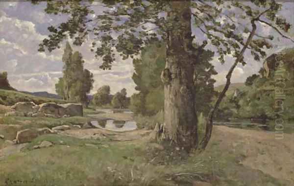 Le grand arbre au bord de la riviere Oil Painting by Henri-Joseph Harpignies