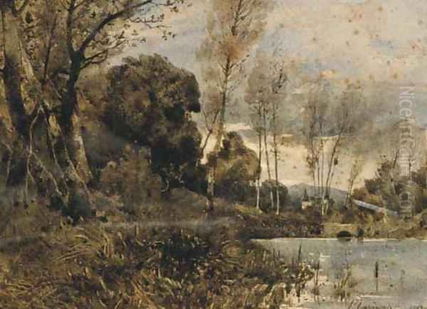 A white castle seen from a lake-side Oil Painting by Henri-Joseph Harpignies