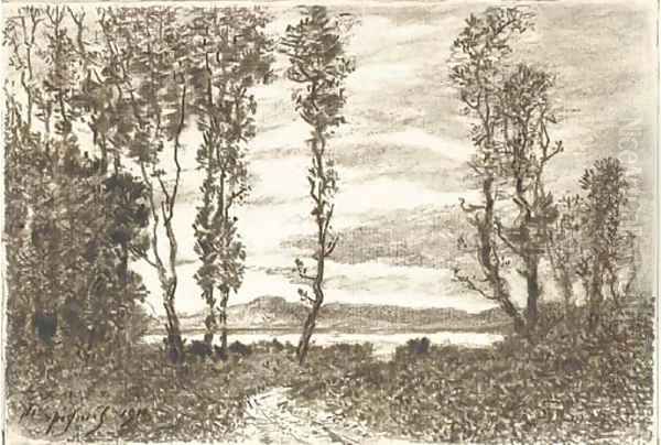 A path through a wood leading to a lake, hills in the distance Oil Painting by Henri-Joseph Harpignies