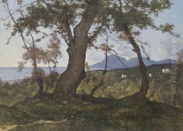 A Wooded Landscape with a View of the Mediterranean Sea beyond Oil Painting by Henri-Joseph Harpignies