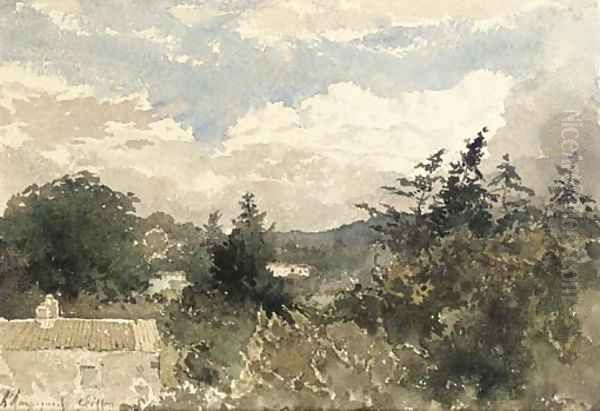 A hilly landscape with a house in the foreground Oil Painting by Henri-Joseph Harpignies