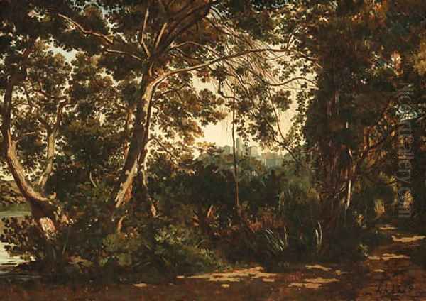 A wooded forest with a town beyond Oil Painting by Henri-Joseph Harpignies