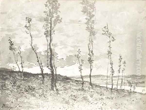 An extensive landscape seen through an avenue of poplar trees Oil Painting by Henri-Joseph Harpignies