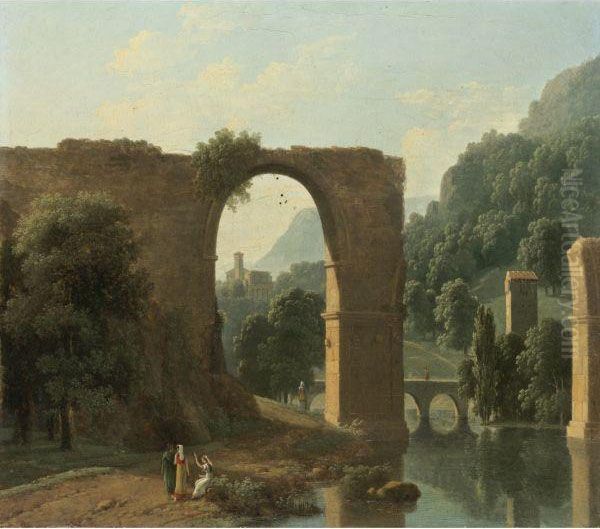 The Ruins Of The Bridge Of Augustus At Narni Oil Painting by Jean-Victor Bertin