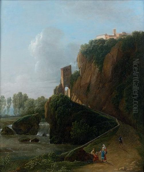 Paysage Italien A La Cascade Anime De Promeneurs Oil Painting by Jean-Victor Bertin