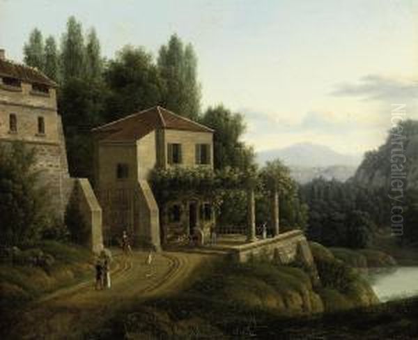 An Italianate River Landscape With Elegant Company Before Avilla Oil Painting by Jean-Victor Bertin