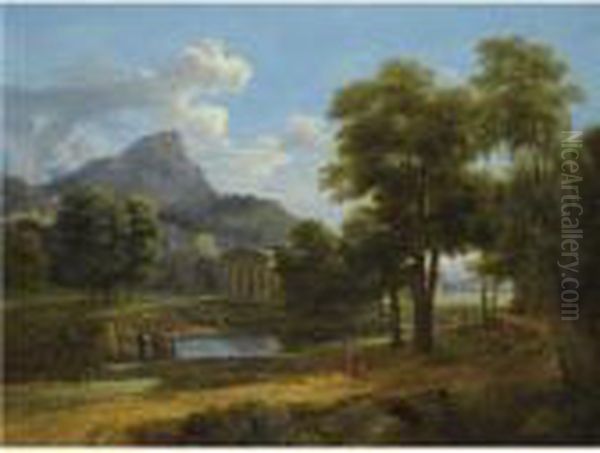 A Mountainous Landscape With Figures By A Lake Before A Classicaltemple Oil Painting by Jean-Victor Bertin