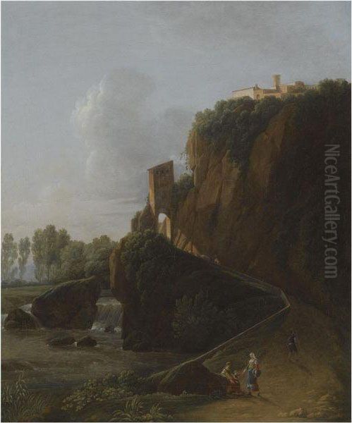 A Landscape With A Waterfall And
 Figures On A Path Leading To Ahill-top Town, Possibly Montecassino Oil Painting by Jean-Victor Bertin