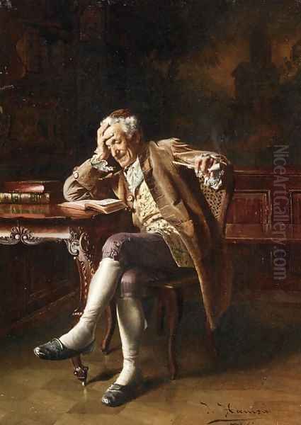 An Old Man Reading Oil Painting by Johann Hamza