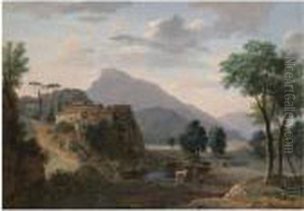 An Italianate Landscape With A Herder And His Cows Before A Hilltoptown Oil Painting by Jean-Victor Bertin