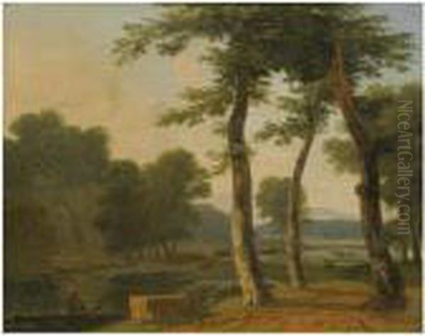 A Pastoral River Landscape With A Figure Beside A Path In Theforeground Oil Painting by Jean-Victor Bertin