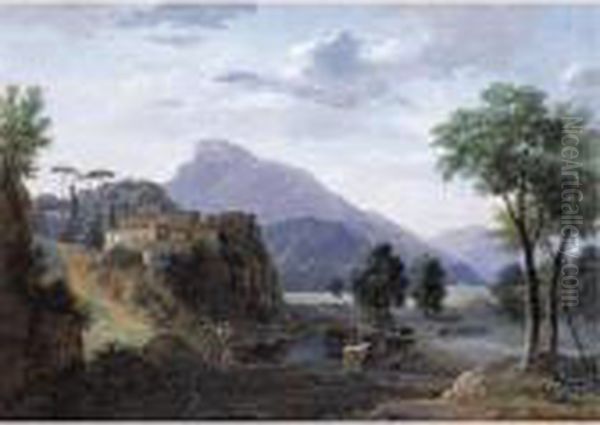 Italianate Mountainous Landscape With A Shepherd And Cattle Crossing A River Oil Painting by Jean-Victor Bertin