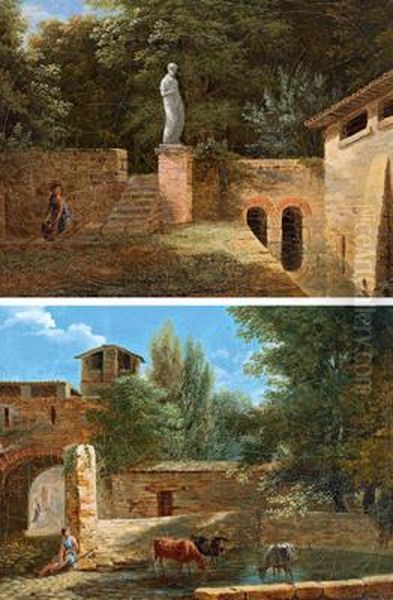 Parco Con Una Fanciulla E Una Statua; Pastore Con Gregge Di Mucche Dinanzi Ad Un Podere Oil Painting by Jean-Victor Bertin